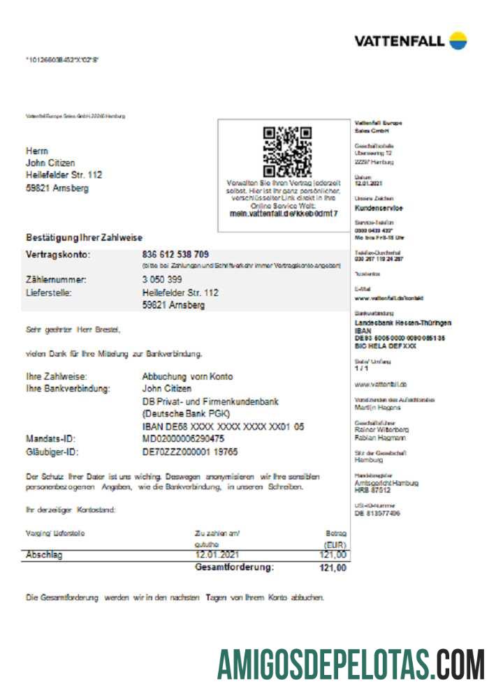 Conta de serviços públicos VATTENFALL da Alemanha modelo